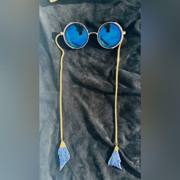 Toms Steampunk Gold Chain Sunglasses – Unique Mirrored Blue Rave Festival Style - Picture 3 of 5